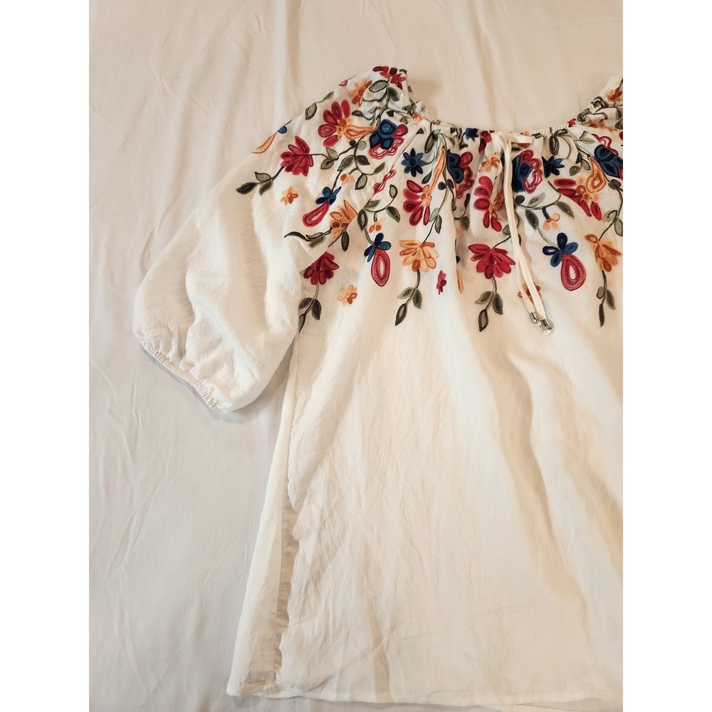 Kindred Womens 2X White Floral Embroidered Sheer Peasant Blouse Balloon Sleeve - Picture 9 of 12